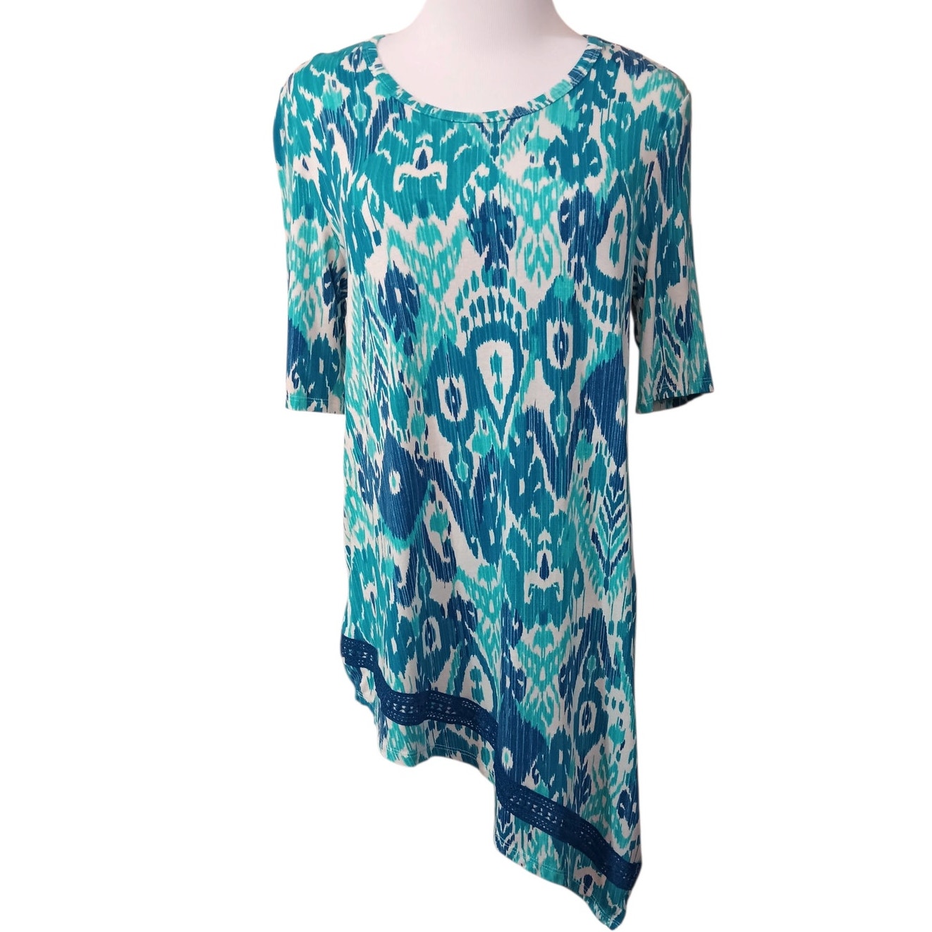 Chico's 0 Long Tunic Top Blouse S/4 Asymmetric Turquoise Vacation Office Travel